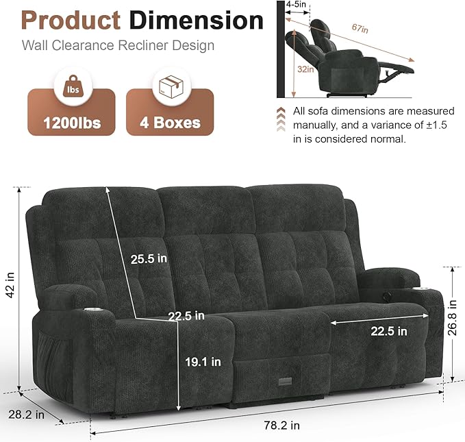Recliner Sofa, Fabric Reclining Sofa 3 Seater Massage Flip Back Sets with Heavy Weight Capacity, RV Loveseat Clearance, Recliner Couch with Storage, Cup Holders, Wall Hugger Couches for Living Room