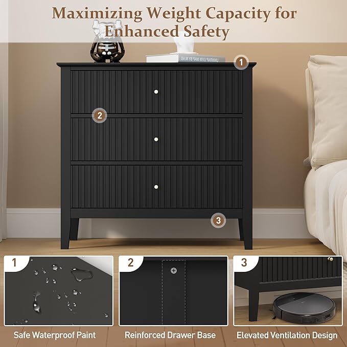 Large Black Fluted 3-Section, Modern 30 Inch Tall Wood Side Unit with Ball Bearing Slides, Wide Accent Furniture with Spacious Compartments for Living Room Entryway