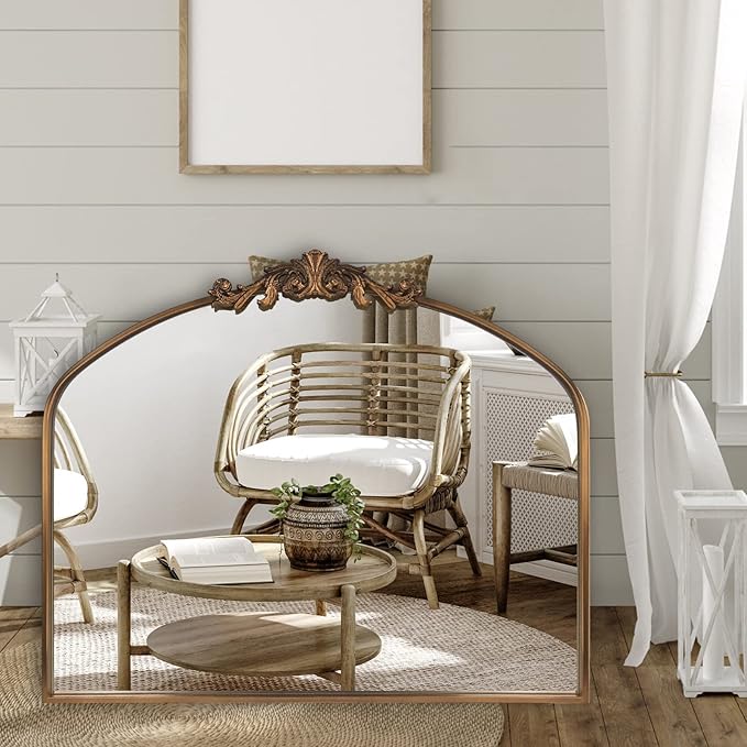 Gold Wall Mirror, Large Arched Vintage Baroque Ornate Mirrors, Traditional Decorative Antique Brass Mirror for Entryway, Living Room, Bedroom, Bathroom Vanity, Fireplace Mantel(Gold,29"x36")