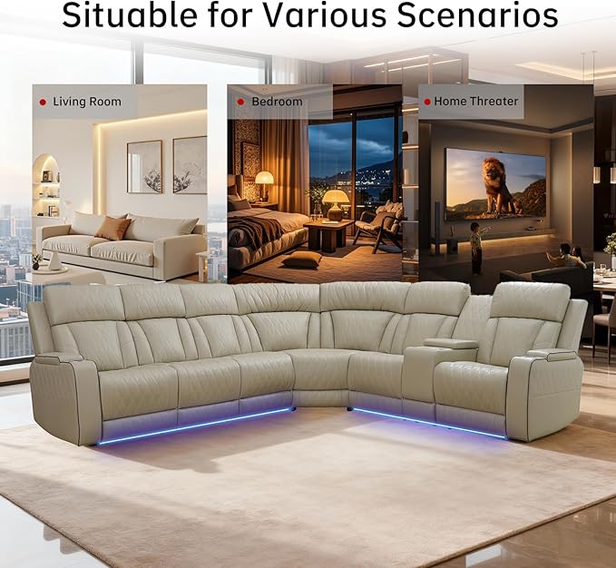 Power Reclining Sectional Sofa for Living Room - Reclining Couch with Console, Cup Holders, USB Ports and LED Lights, L-Shaped Home Theater Seating Set