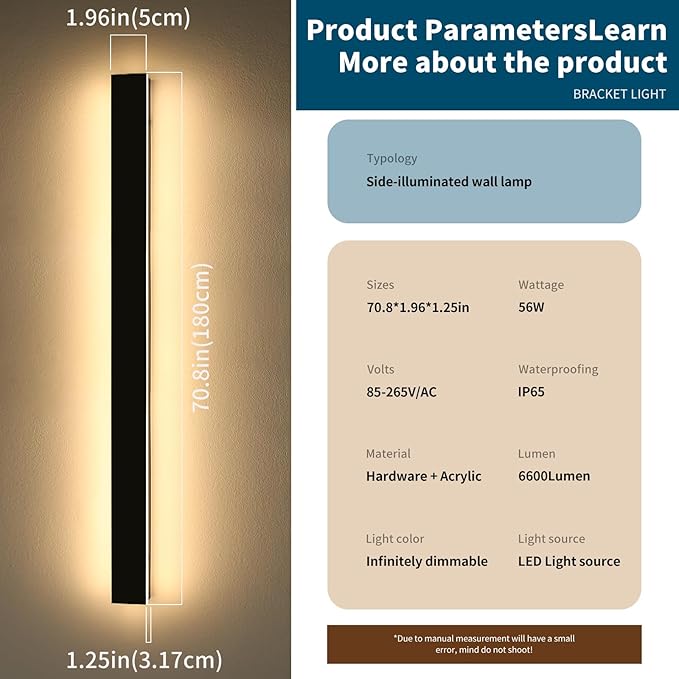 2 Pack 71inch Modern Outdoor Wall Light, 3000K-6000K Dimmable Outside Wall Sconce, Black Exterior Lighting Fixture, IP65 Waterproof Linear Long Garage Lights for Porch Patio Garden with Remote Control