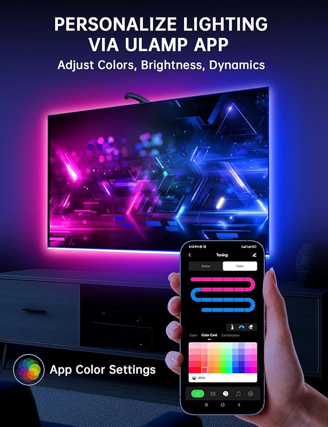 TV LED Backlight with Sensor, 14.7ft Cuttable RGB Strip Lights for 55-65 Inch Screen & PC Monitor, Smart App Control, Game and Music Sync Color that Changing