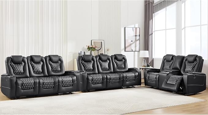 ANJ Power Recliner Sofa Set, Faux Leather Reclining Couch Sets for Living Room, Included Loveseat Sofa and 2PC 3 Seat Recliner Sofa, Black