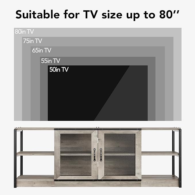 GAOMON Farmhouse TV Stand for 65/75 in TVs, Industrial TV Cabinet with 2 Mesh Doors and 4 Shelves, Vintage TV Console for Living Room, Bedroom, Grey, 71 in