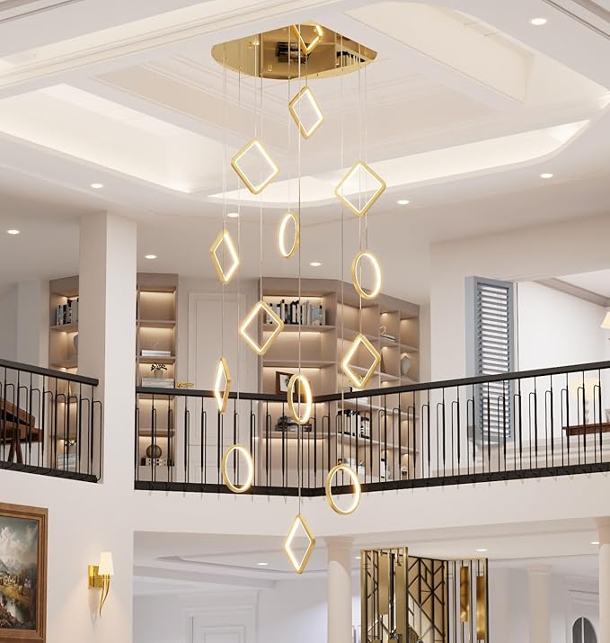 22" Dia x 138" H Modern 15-Light LED Spiral Chandelier, Acrylic Pendant Lighting Fixture for High Ceilings, Staircase, Foyer, Living Room, Warm Light, Adjustable Height, Gold Finish