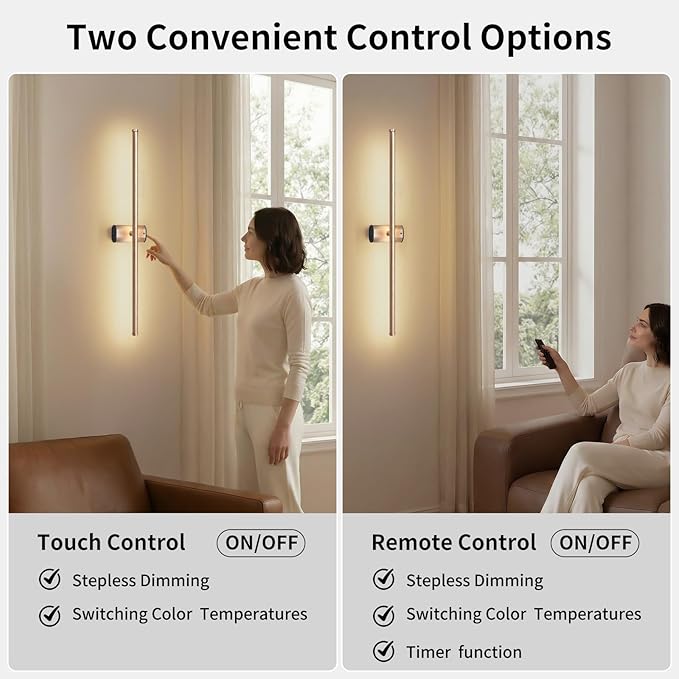 ONEWISH Battery Operated Wall Sconces Set of 2, 27.75" Rechargeable Wall Lights with Remote & Removable Battery, 3-Color Dimmable Wireless Sconces for TV Wall Decor, Picture Light, Bedroom, Gold