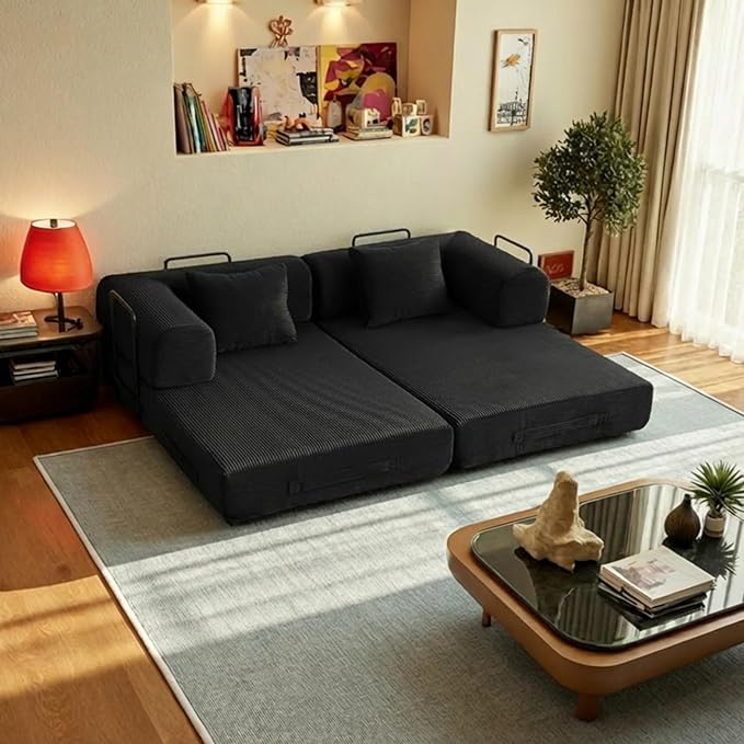 59in Convertible Sofa Bed, Corduroy Boneless Couch Bed, Futon Sleeper Sofa Pull Out Bed, Foldable Couch for Living Room Apartment, No Assembly Required