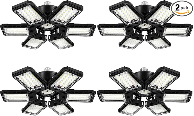 LED Garage Lights 4 Pack -180W, 18000LM 6500K Led Shop Light with 6+1 Deformable Panels, Basement Barn Light Garage Ceiling Lights, E26/E27 for Garages, Warehouse, Shop