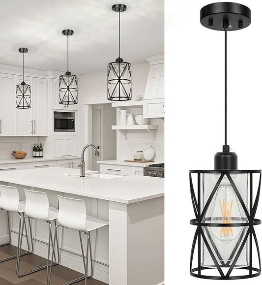 5.4"×7.9" Black Pendant Lights Kitchen Island, Pendant Light with Clear Glass Shade, Modern Kitchen Lights, Hanging Light Fixture for Kitchen Island, Foyer, Dining Room, Entryway