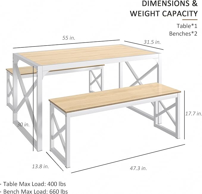 VECELO 55" Kitchen Dining Table Set for 4-6, Wood Dinette 2 Benches with Metal Frame for Dinner Breakfast Nook and Small Space, Oak