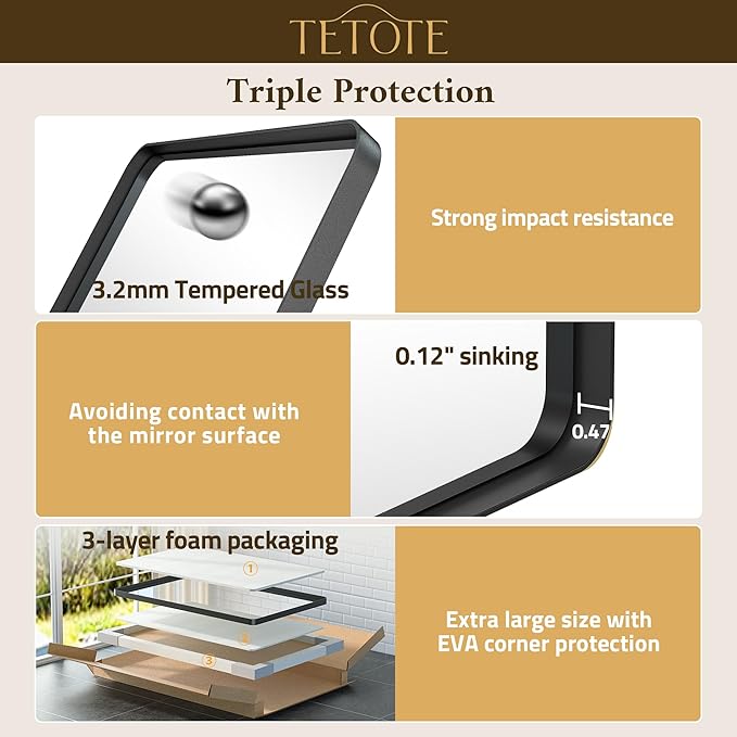 TETOTE Black Mirror 40 x 24 Inch Matte Black Bathroom Mirrors, Tempered Glass, Modern Farmhouse Wall Mounted Mirror for Decorative(Horizontal/Vertical)