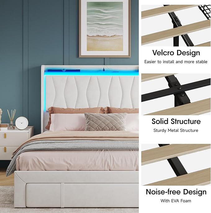 Fameill Queen Size Bed Frame with LED Light and 3 Drawers Storage, Upholstered Velvet Platform Bed Frame with Charging Station, Wingback Tall Headboard, No Box Spring Needed, Beige