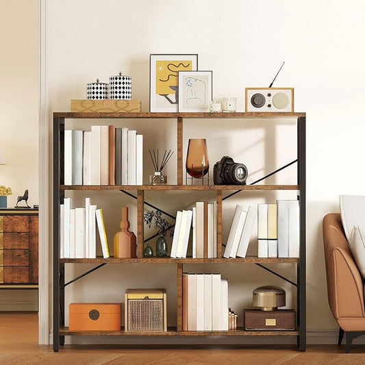 YITAHOME 4 Tier Bookshelf, Free Standing Cube Bookcases and Bookshelves, Industrial Furniture Wide Display Cabinet Open Storage Book Shelf for Living Room Bedroom Home Office, Rustic Brown