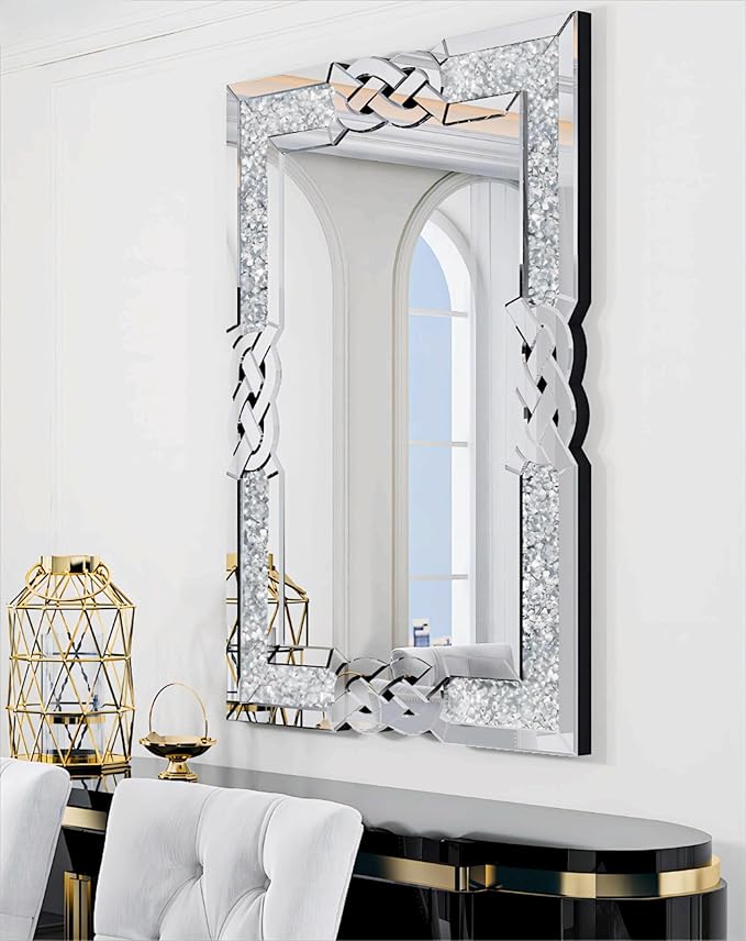 Crushed Diamond Mirror Silver Vanity Rectangular Wall Decor 40x28 inch