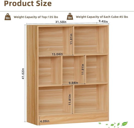 LEYAOYAO 7 Cube Bookshelf with Base,3 Tier Mid-Century Modern Natural Bookcase,Standing Wide Bookshelves Storage Organizer Shelf,Rustic Wood Display Cabinet Book Shelves for Bedroom,Living Room,Office