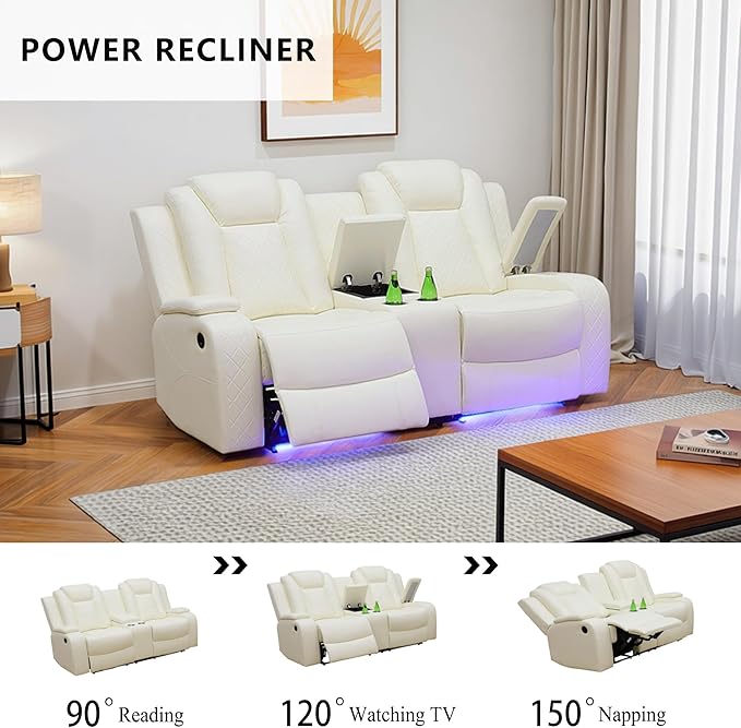 Power Recliner Sofa Set, Breathing Leather Reclining Couch Set, Leather Loveseat and 2 Recliner Chairs Set with LED Lights/Charging Ports/Storage for Home/Office (Creamy White, Loveseat+2 Chairs)