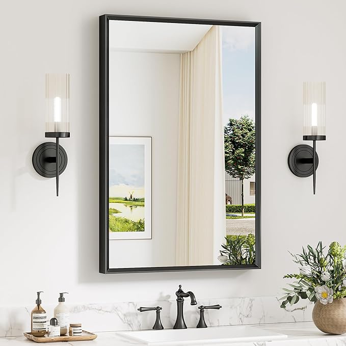 Keonjinn 24 x 36 Inch Black Bathroom Mirrors for Over Sink, Beveled Rectangle Framed Mirror for Wall, Black Bathroom Vanity Mirror, Square Corner, Tempered Glass, Farmhouse Style
