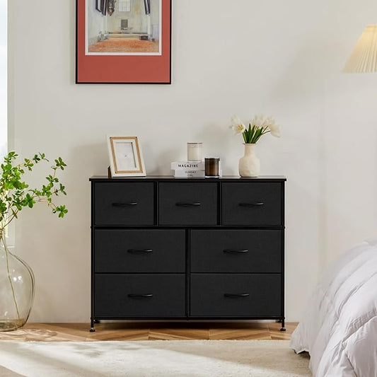 Sweetcrispy 7 Drawer Dresser Storage Organizer with Fabric Bins, Sturdy Steel Frame and Wood Top, Easy Pull Handles, for Bedroom Closet Hallway Entryway,Black