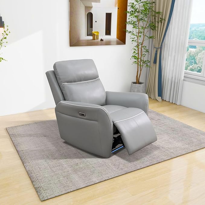 Power Recliner Chair for Living Room, Air Leather Reclining Chair with LED Lighting&USB for RV (Light Grey)
