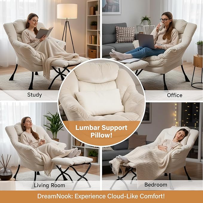 Lazy Chair with Ottoman, Modern Accent Chair with Lumbar Pillow, Velvet Beige Sofa, Armchairs with Folding Footrest, Oversized Supportive Chairs for Bedroom, Reading