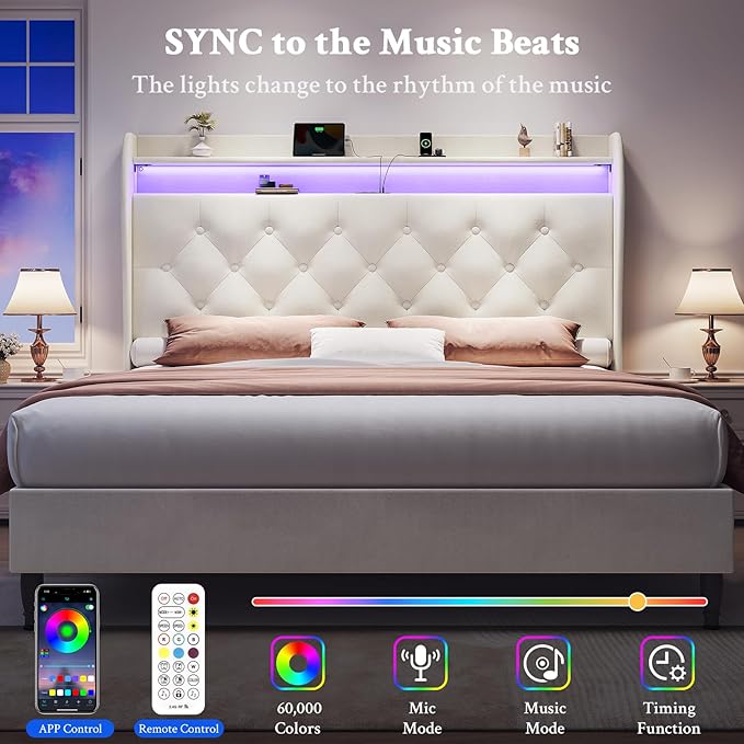 King Size Bed Frame with Tall Headboard, Velvet Upholstered Platform Bed with LED Lights & Charging Station, 52.7"-55" Adjustable/Modern Tufted Wingback Storage Headboard, No Box Spring Needed, Cream
