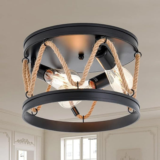 Industrial 3-Light Farmhouse Ceiling Light Fixture with Rope Shade, Rustic Vintage Black Metal Round Ceiling Lamp for Dining Room, Hallway, Foyer, Bedroom, Entryway