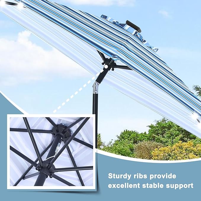 ABCCANOPY Durable Solar Led Patio Umbrellas with 24LED Lights 7.5FT with 6 Sturdy Ribs (Blue Stripes)