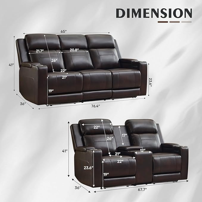 Netpane Power Reclining Sofa Set with LED/Adjustable Headrest, Power Recliner Sofa and Loveseat Set with Wireless Charger/Armrest Storage Console for Living Room/HomeTheater Seating (Brown&Black)