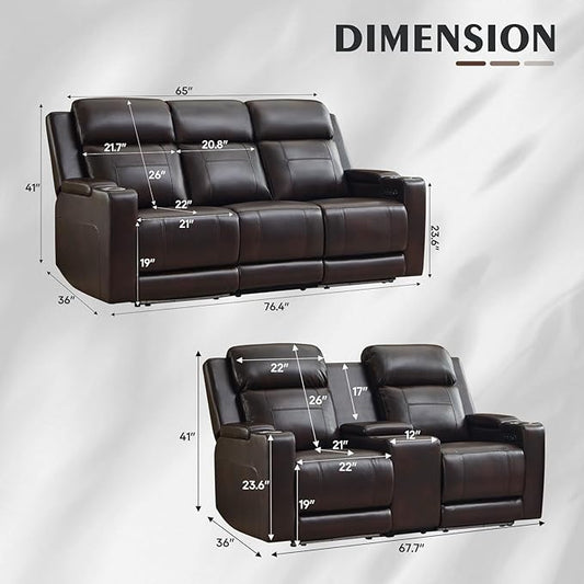 Netpane Power Reclining Sofa Set with LED/Adjustable Headrest, Power Recliner Sofa and Loveseat Set with Wireless Charger/Armrest Storage Console for Living Room/HomeTheater Seating (Brown&Black)