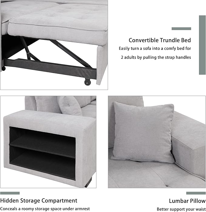 Merax Sleeper Sofa Bed with Reversible Storage Chaise Lounge and 2 Storage Ottoman, L-Shape Couch for Living Room