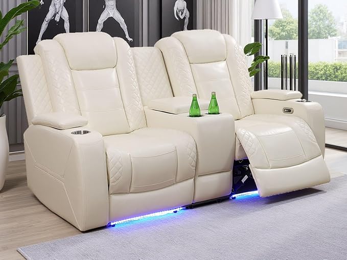 Power Recliner Sofa Couch, Living Room Furniture Sets, Creamy White Breathing Leather Power Reclining Loveseat with LED Light/Charging Ports/Storage Console/Cup Holders for Home Theater/Office