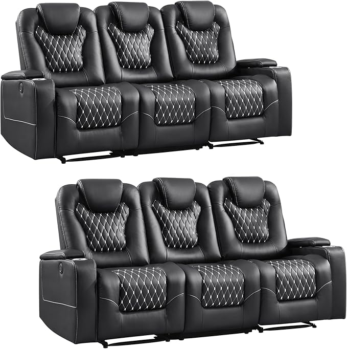 ANJ Power Recliner Sofa Set, Faux Leather Reclining Couch Sets for Living Room, Included 2PC 3 Seat Recliner Sofa with USB Ports and Cup Holders,Hidden Arm Storage, Black