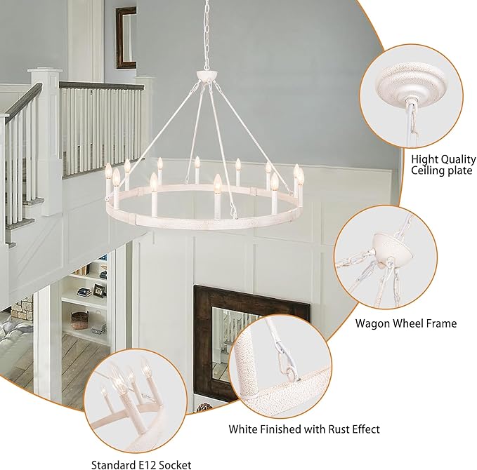 White Wagon Wheel Chandelier 37.4 inch, 12-Light Large Round Industrial White Farmhouse Chandeliers for Living Room Dining Room Foyer Entryway Outdoor Porch High Ceilings