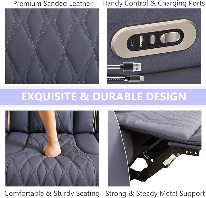 Power Leather Recliner Sofa Chair, Living Room Furniture Sets, Sanded Leather Reclining Couch Chair, Single Recliner with Arm Storage/Cup Holder/Charging Port for Home Theater/Office,Blue Grey