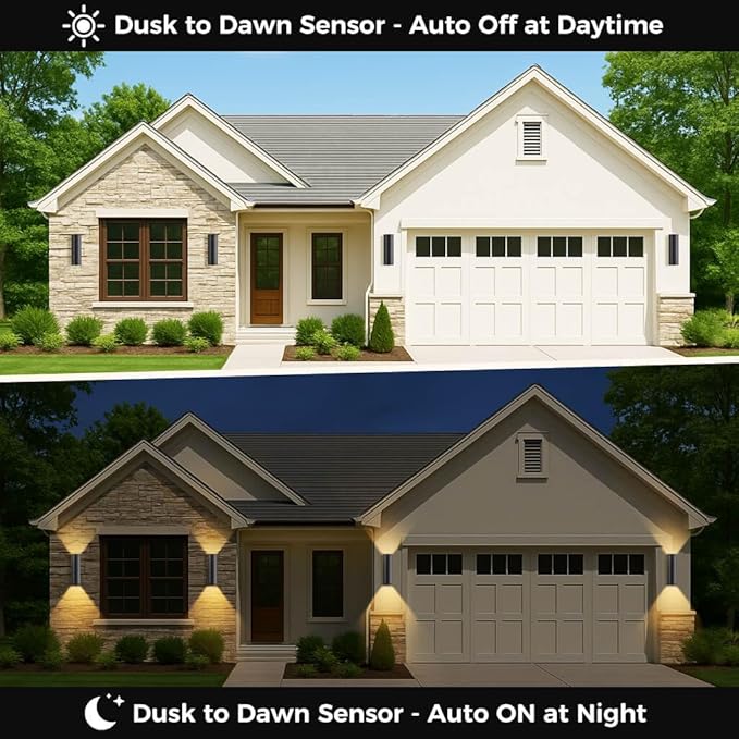 KIZON Smart Porch Lights 2 Pack, RGB Modern Outdoor Wall Lights Dusk to Dawn Exterior Lighting Fixture App Control with Remote, Up and Down Outdoor Sconce Lights for House Patio Garage