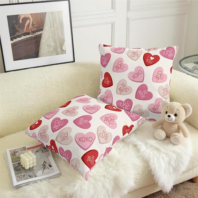 Valentines Conversation Heart Pillow Cover 22x22 Set of 2 Valentines Day Outdoor Red Pink Hearts Throw Pillow Covers Cute Candy Heart Pillowscase for Living Room Couch Sofa