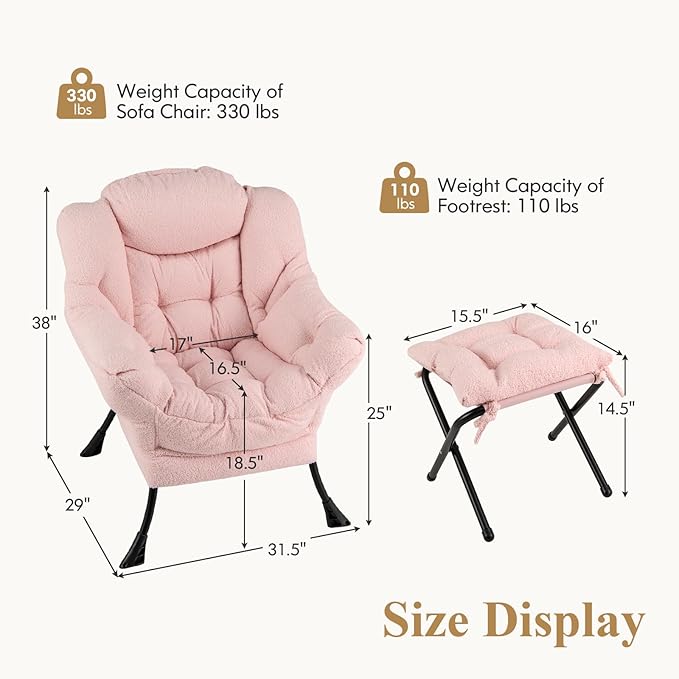 GORELAX Lazy Chair with Ottoman, Modern Accent Chair w/Armrests & Side Pocket, Upholstered Lounge Sofa Chair & Folding Footstool Set, Reading Chair for Bedroom, Living Room, Dorm Room (Plush Pink)
