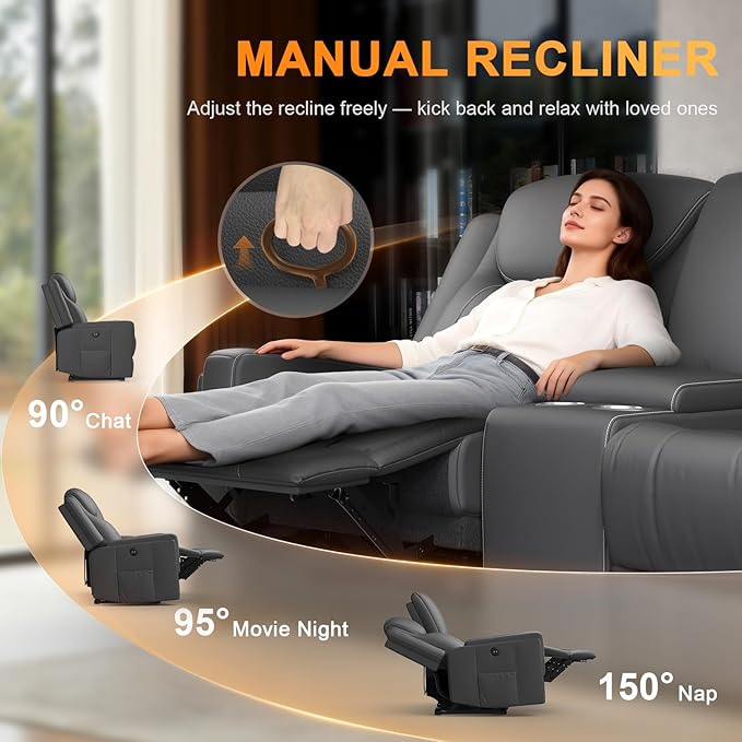 Dresegmt Recliner Sofa, 2 - Way Multi - Function Manual 3 Seater Couch with Cup Holders, Storage & USB Ports, Modern Multifunctional Sofa, Breathable Grey PU Leather Reclining Couch for Living Room