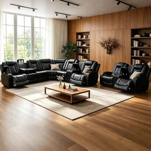 Power Reclining Sofa Set with LED Light, Living Room Furiture Set,Leather Reclining Sectional Couch with USB Port/Cup Holder for Living Room Home Office