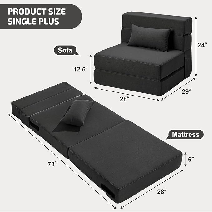 SUYOLS Folding Sofa Bed with Pillow- Convertible Chair Floor Couch & Sleeping Mattress, Foldable Memory Foam Sleeper for Living Room/Dorm/Guest Room/Home Office/Apartment/Loft, Single28, Dark Gray