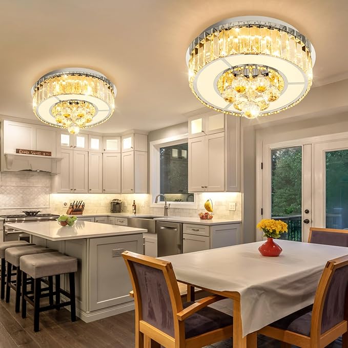 11.8'' Silver Modern Crystal Chandeliers for Dining Room LED Dimmable Light Fixtures Flush Mount Light Living Room Bedrooms