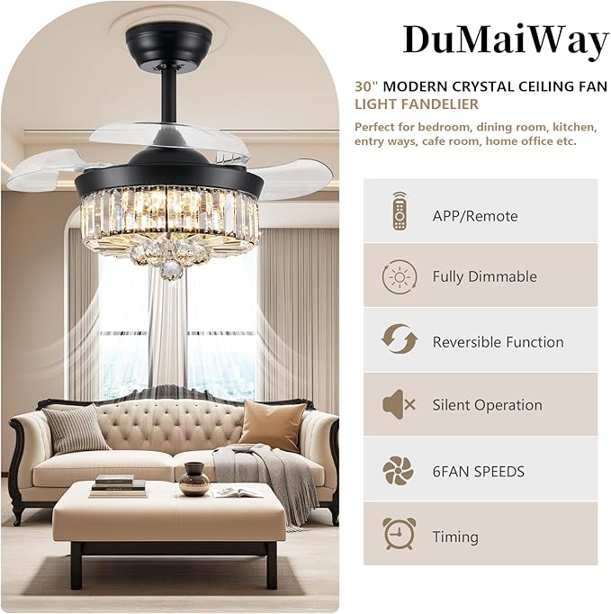 DuMaiWay 30" Chandelier Ceiling Fan with Light Crystal Fandelier Modern Reversible Ceiling Fan Dimmable Retractable Timer Remote APP Control for Dining Living Room Bedroom Black