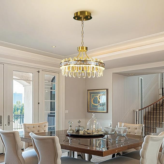 Gold Modern Round LED Crystal Chandelier - 17.7" Luxury 3 Colors Stepless Dimmable Chandeliers for Dining Room,Adjustable Height Ceiling Light Fixture for Kitchen Island Bathroom With Remote Control
