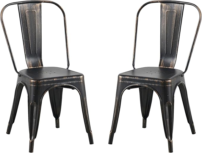 AC Pacific Stackable Metal Dining Chairs Set of 2 for Indoor and Outdoor Use, Durable Stacking Seat, Farmhouse Kitchen, Bar, Patio, Bistro, Cafe, Industrial Style, 2pcs, Sanded Matte Black