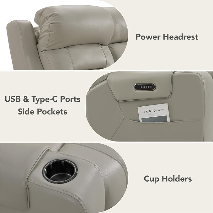 Watson & Whitely Genuine Leather Power Reclining Sofa, 3-Seater Lay Flat Recliner Sofa with Power Headrest, Cup Holders, USB & Type-C Ports, Electric Reclining Couch for Living Room, Grey