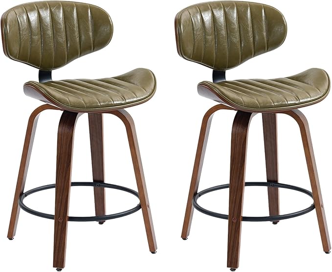 Modern Bar Stools Set of 2, 24 inch PU Leather Wooden Bentwood Barstools Counter Height Swivel Breakfast Bar Chairs with Backrest Footrest for Kitchen Island, Dining Room D035-Olive Green-2