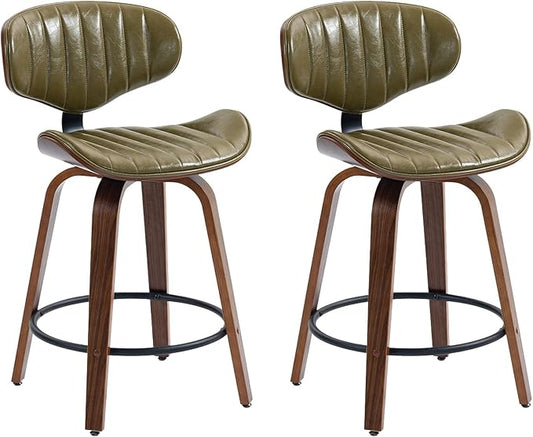 Modern Bar Stools Set of 2, 24 inch PU Leather Wooden Bentwood Barstools Counter Height Swivel Breakfast Bar Chairs with Backrest Footrest for Kitchen Island, Dining Room D035-Olive Green-2