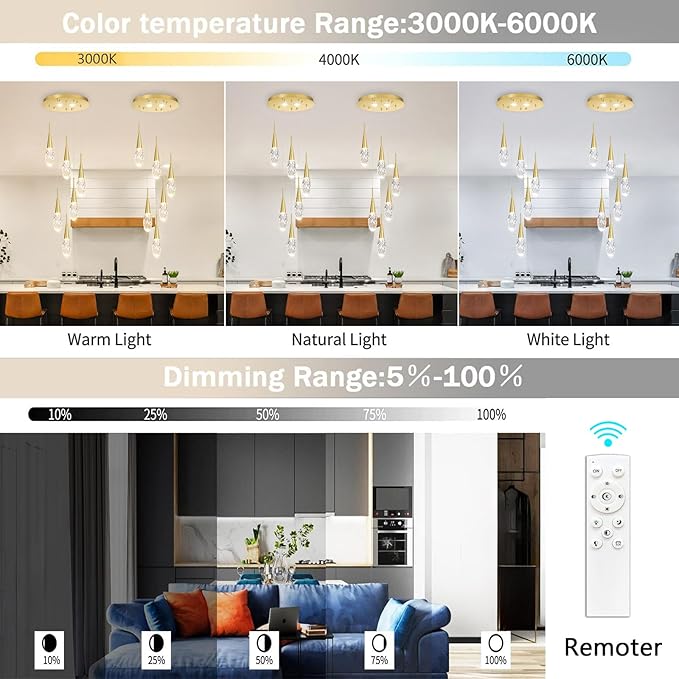6-Lights Adjustable Pendant Lights for Kitchen Island LED Dimmable Light Fixture Modern Glam Crystal Hanging Lighting for Dining Room Bedroom Antique Gold