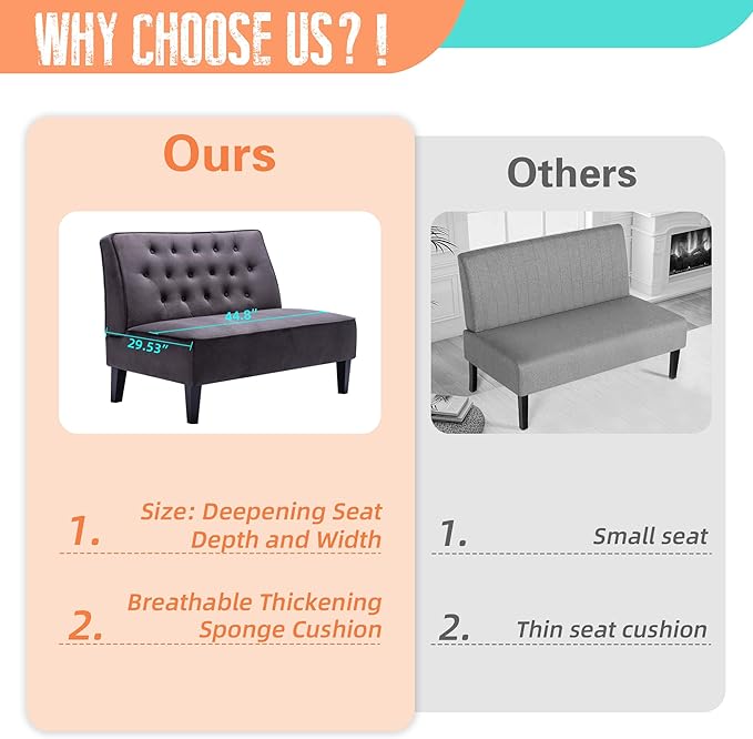 Alunaune Upholstered Loveseat Couch for Living Room, Armless Bedroom Settee Small Love Seat Sofa Tufted Button Dining Room Bench - Dark Grey