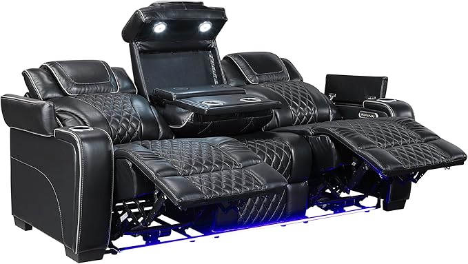 Lexicon Power Double Reclining Sofa, Center Drop-Down Table with Heat/Massage/Headrest/Storage Arms/Cup Holders/LED Lights/Wireless Charging, Top Grain Leather Match Wall Hugger Recliner Sofa, Black